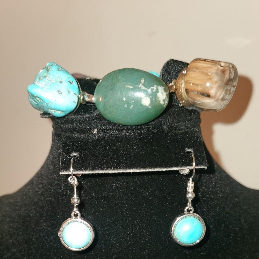 Vintage 1970s Mid-Century Mixed Natural Gemstone Nugget Link Bracelet - Boho
